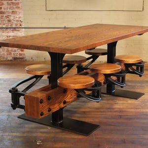Oak Cafe Style Dining Table with Attached Swing Out Seats image 2