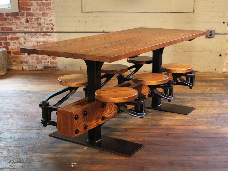 Oak Cafe Style Dining Table with Attached Swing Out Seats image 2