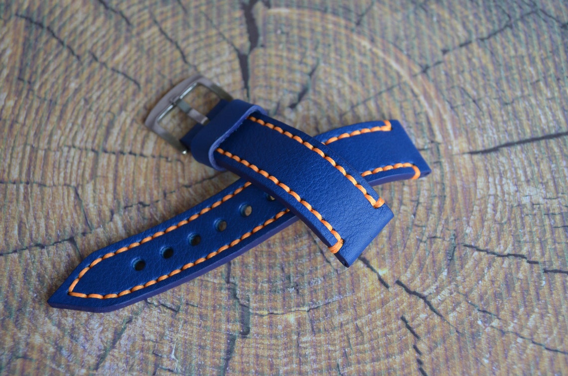 Leather watch strap Blue wrist watch band bracelet handmade Etsy