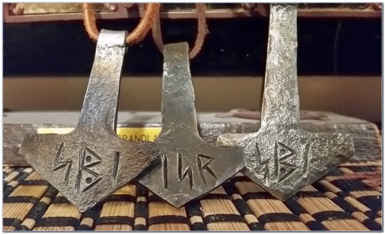 100/% reclaimed ironsteel Pendent Keychain Hand Forged Thor/'s Hammer with Custom Rune or 2 initals Necklace Amulet