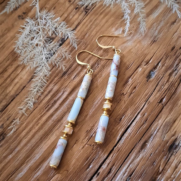 Golden earrings in natural stones Mother-of-pearl and Imperial Jasper