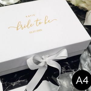 Caja de regalo blanca A4 para futura novia - Cesta de boda - Personalizada - Lámina metálica - Blanco/Azul marino/Esmeralda