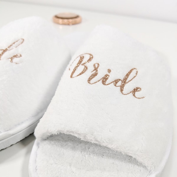 Bride Slippers | Bridesmaid | Team Bride | Bride Squad | White | Rose Gold Glitter