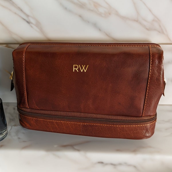 Leather Wash Bag Personalised Toiletry Bag - Travel Kit - Wide Opening & Bottom Compartment - Mens - Brown and Black