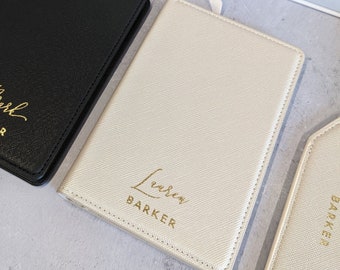 Personalised Passport Cover & Luggage Tag - Faux Leather - Oyster, Black and Classic Blue