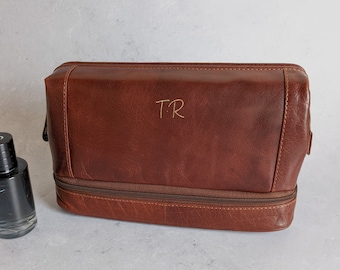 Leather Wash Bag Personalised Toiletry Kit - Wide Opening & Bottom Compartment - Mens - Brown