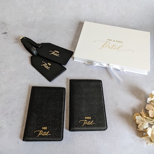 Mr & Mrs paspoorthoezen en bagagelabels - gepersonaliseerd - kunstleer - geschenkdoos