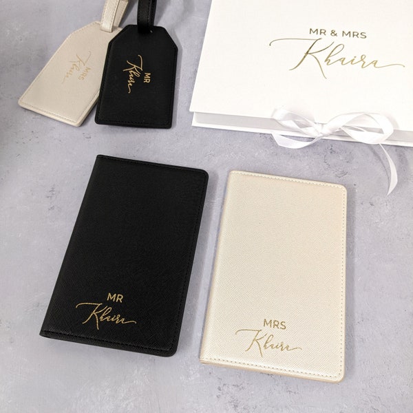 Personalised Passport Holders and Luggage Tags - Mr & Mrs - Wedding or Annversary Gift - Faux Leather