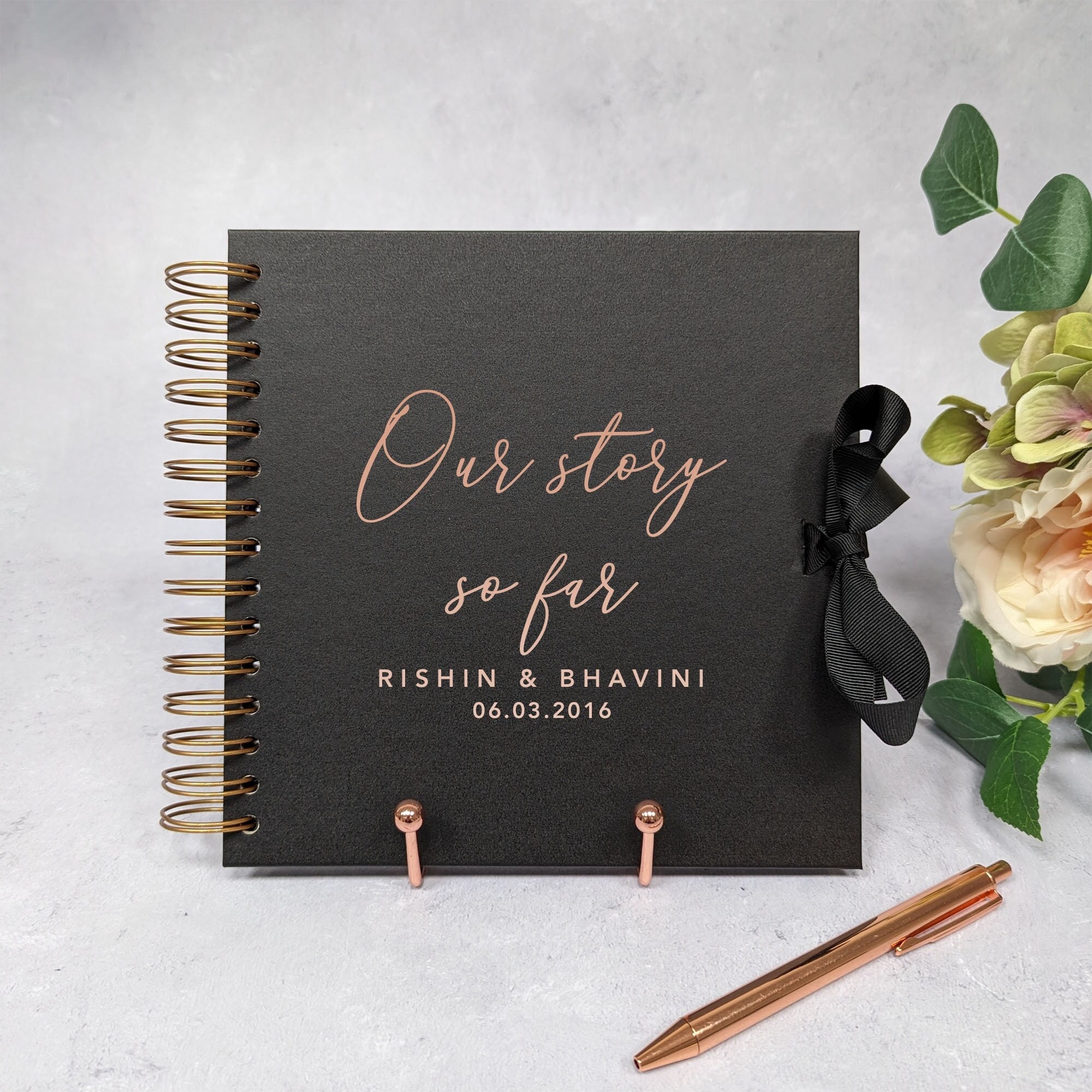 Personalised Couple Scrapbook for First Anniversary or Wedding - Our Story So Far - Real Foil - Copper Coil - Premium Edition - Ribbon