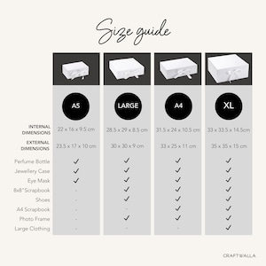 May include: A size guide for gift boxes, featuring four white boxes with ribbon closures. The guide includes internal and external dimensions in centimeters for A5, Large, A4, and XL sizes. The guide also lists suitable items for each box size, such as perfume bottles and jewelry cases.
