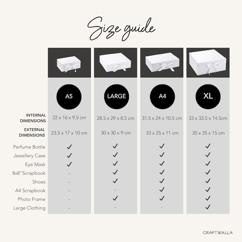 May include: A size guide for gift boxes, featuring four white boxes with ribbon closures. The guide includes internal and external dimensions in centimeters for A5, Large, A4, and XL sizes. The guide also lists suitable items for each box size, such as perfume bottles and jewelry cases.