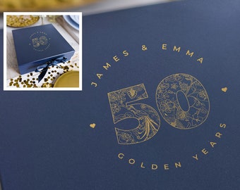 Caja de regalo del 50.º aniversario de bodas - 50 años dorados - Personalizada con nombres de parejas