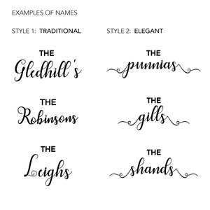 May include: Examples of names in two different styles. The first style is traditional and the second style is elegant. The names are "The Gledhill's", "The Robinsons", "The Leigths", "The punnias", "The gills", and "The shands".