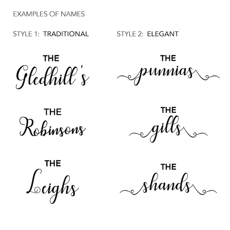 May include: Examples of names in two different styles. The first style is traditional and the second style is elegant. The names are "The Gledhill's", "The Robinsons", "The Leigths", "The punnias", "The gills", and "The shands".