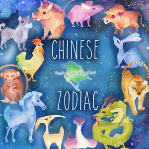 Chinese Zodiac Watercolor Handmade Star Signs Cliparts, Commercial Use (Rat Ox Rabbit Tiger Dragon Snake Goat Horse Monkey Rooster Dog Boar)