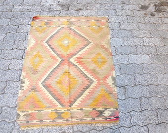 3x4 Kilim Rug, Turkish Area Rug, Handmade rug, Oriental Rug, Kelim Rug, Kitchen Rug, Wool Rug, Antique Rug, Shaggy Rug, 3x4 Small Rug, Old