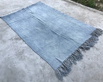 Turkish Blue  Rug,Handmade Vintage Kilim Rug,Organic Hmep Rug,Bohemian Hemp Kilim,Anatolian Vintage Kelim,7'x5'.8" feet,Tribal Turkish Kilim