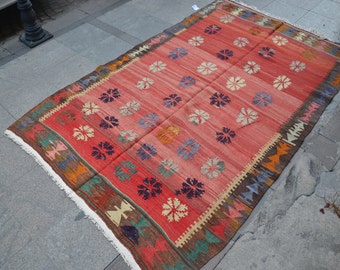 Turkish Kilim Rug,decorative kilim,tribal handwoven kilim,floor rkilim,design kilim,traditional kilim,red kilim,wool rugs 8'.5x5'.3 ft