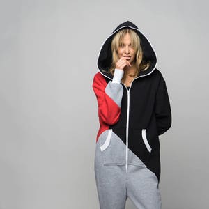 Adult Overall Pajamas Full Length cotton Lounger with Zipper, Womens Overall, hooded embroidery overall, tricolor unisex jumpsuit RACING image 1