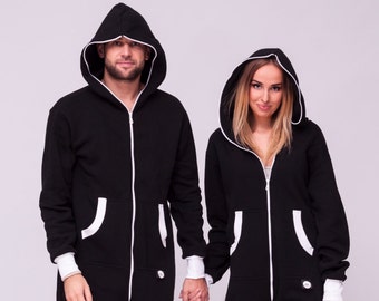 Adult overall, black unisex adult jumpsuite, hooded pyjamas, adult jumpsuits, adult overall, festival clothing, onepiece Jumpsuit with hood