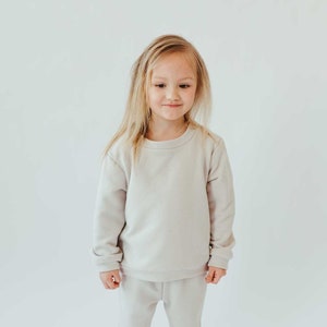 Kids sweatshirt, kids round neck sweatshirt with long sleeves, trendy kids cotton pullover , kids ecru color pullover WHITE SAND image 3