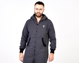 Sofa Killer dark grey unisex adult overall, hooded pyjamas, baggy cotton jumpsuit, comfy clothing, jumpsuite with a zipper in the back