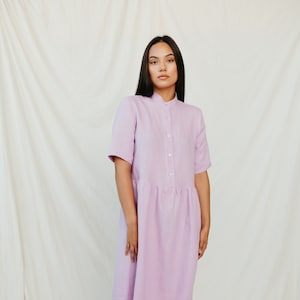 Natural violet linen long dress PYLA, women linen dress, organic and sustainable linen summer dress, handmade linen clothing, short sleeve