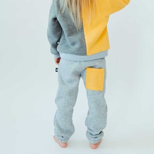 Tricolor Kids Jogging Trousers: Gray & Yellow Unisex Pants