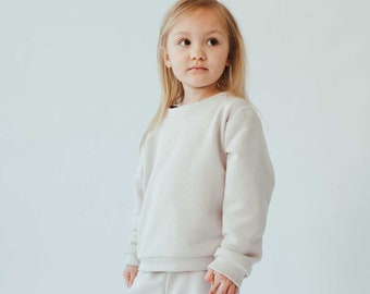 Kids sweatshirt, kids round neck sweatshirt with long sleeves, trendy kids cotton pullover , kids ecru color pullover WHITE SAND