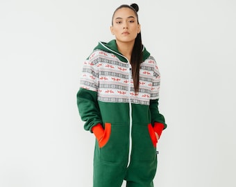 Adult Overall Pajamas, dark green unisex overall, christmas overall for adults, plus size, maching holidays overall, with deer print NORDIC