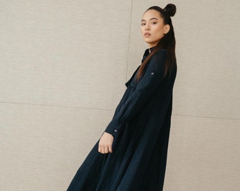 Natural dark blue linen long bottoned dress Summer wind