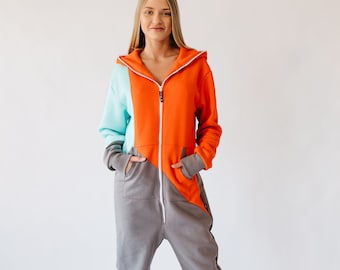 Adult Overall Pajamas - Full Length Lounger with Zipper, Womens Overall, hooded embroidery, plus size overall