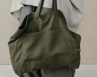 Sac extra fort en lin de couleur vert foncé naturel, sac fourre-tout en tissu de lin double couche, épicerie en lin durable biologique ou sac de plage Fornia