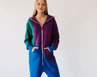 Adult Overall Pajamas - Full Length Lounger with Zipper,Womens Overall,hooded embroidery, plus size overall,tricolor unisex jumpsuite GROOVE