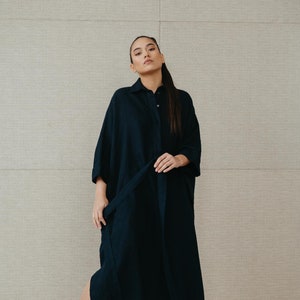 Natural dark blue linen dress/shirt Dubai, women linen long natural dress with shirt top, organic linen clothing, oversize top, shirtdress