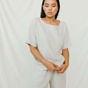 Natürliche Sandfarbe Leinen Frauen Shorts, Frauen Leinen Kleidung, Bio und nachhaltige Leinen Sommer Top, Sommer Leinen Loungewear