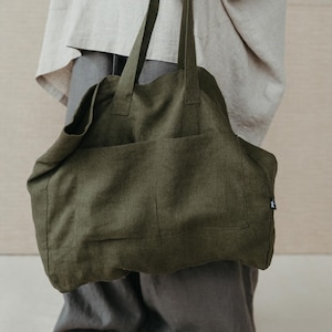 Natural dark green color linen extra strong bag, double layer linen fabric tote bag, organic sustainable linen grocery or beach bag Fornia image 1