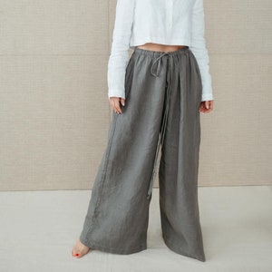 Natural gray color linen women extra wide leg pants, hight one size waist, organic sustainable linen summer trousers Doha