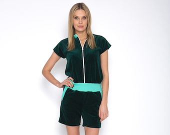 Short overall, Adult jumpsuite - Short velours pyjama with Zipper, Womens overall, hooded Plus Size emerald summer velours jumpsuite