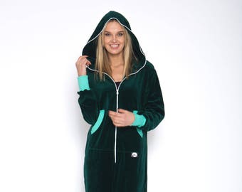 Adult overall, emerald green velours unisex adult jumpsuite, hooded women pyjamas, adult overall, festival clothing, summer onepiece