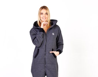 Sofa Killer dark grey unisex adult overal, hooded pyjamas, baggy cotton jumpsuit, comfy clothing, festival overal, with a zipper in the back