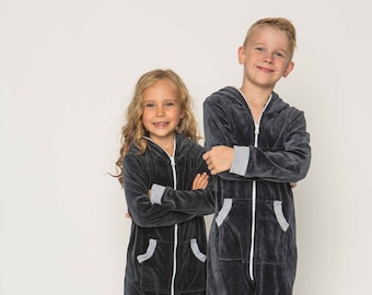 SOFA KILLER dark grey velours unisex kids overall, kids jumpsuit, kids overall, kids warm overall, cotton kids overall,kids colorful overall