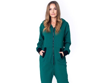 Sofa Killer dark green unisex adult overall, hooded pyjamas,baggy cotton jumpsuit, comfy clothing festival overall,with a zipper in the back