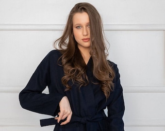 Natural dark blue linen women robe, women linen kimono, organic and sustainable linen summer bathrobe, summer linen homewear