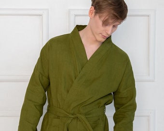 Moss Green Linen Men's Robe: Organic Summer Kimono Bathrobe
