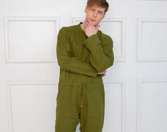 Natural moss green linen unisex adult overall, men jumpsuits, organic and sustainable overall, festival clothing, summer onepiece