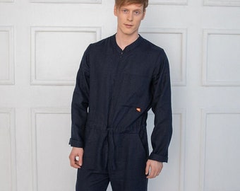 Natural dark blue linen unisex adult overall, men jumpsuits, organic and sustainable overall, festival clothing, summer onepiece