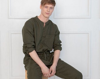 Natural dark green linen unisex adult overall, men linen jumpsuits, organic and sustainable overall, festival clothing, summer onepiece