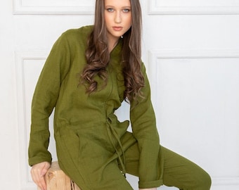 Natural moss green linen unisex adult overall, women jumpsuits, organic and sustainable overall, festival clothing, summer onepiece