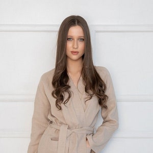 Natural sand color linen women robe, women linen kimono, organic and sustainable linen summer bathrobe, summer linen homewear